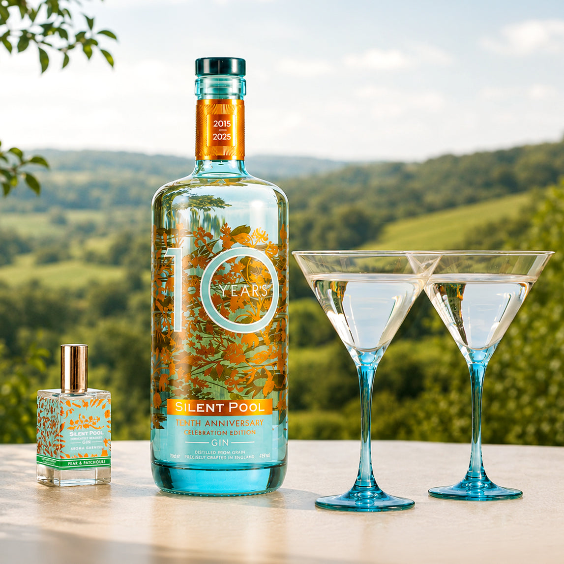 Silent Pool Tenth Anniversary Celebration Edition Gin Summer Offer with complimentary Pear & Patchouli Aroma Garnish and Martini Glass set of 2