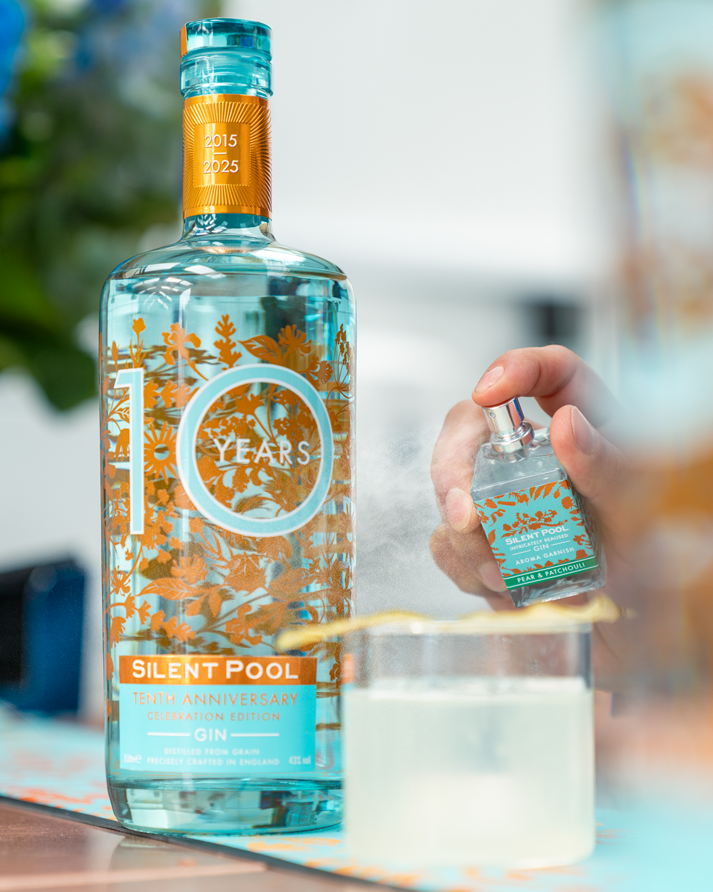 Silent Pool Tenth Anniversary Celebration Edition Gin with complimentary Pear & Patchouli Aroma Garnish