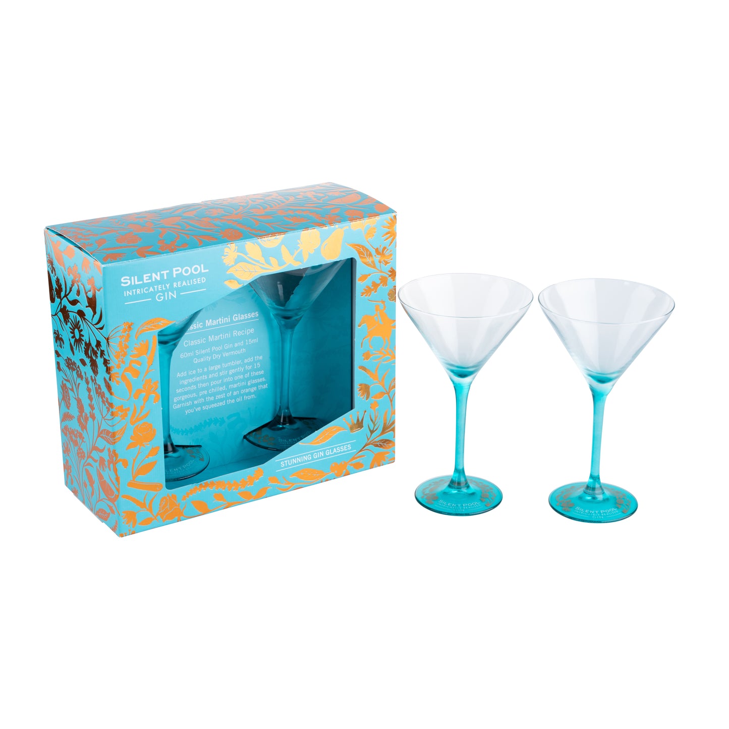 Silent Pool Tenth Anniversary Celebration Edition Gin Summer Offer with complimentary Pear & Patchouli Aroma Garnish and Martini Glass set of 2