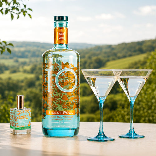 Silent Pool Tenth Anniversary Celebration Edition Gin Summer Offer with complimentary Pear & Patchouli Aroma Garnish and Martini Glass set of 2