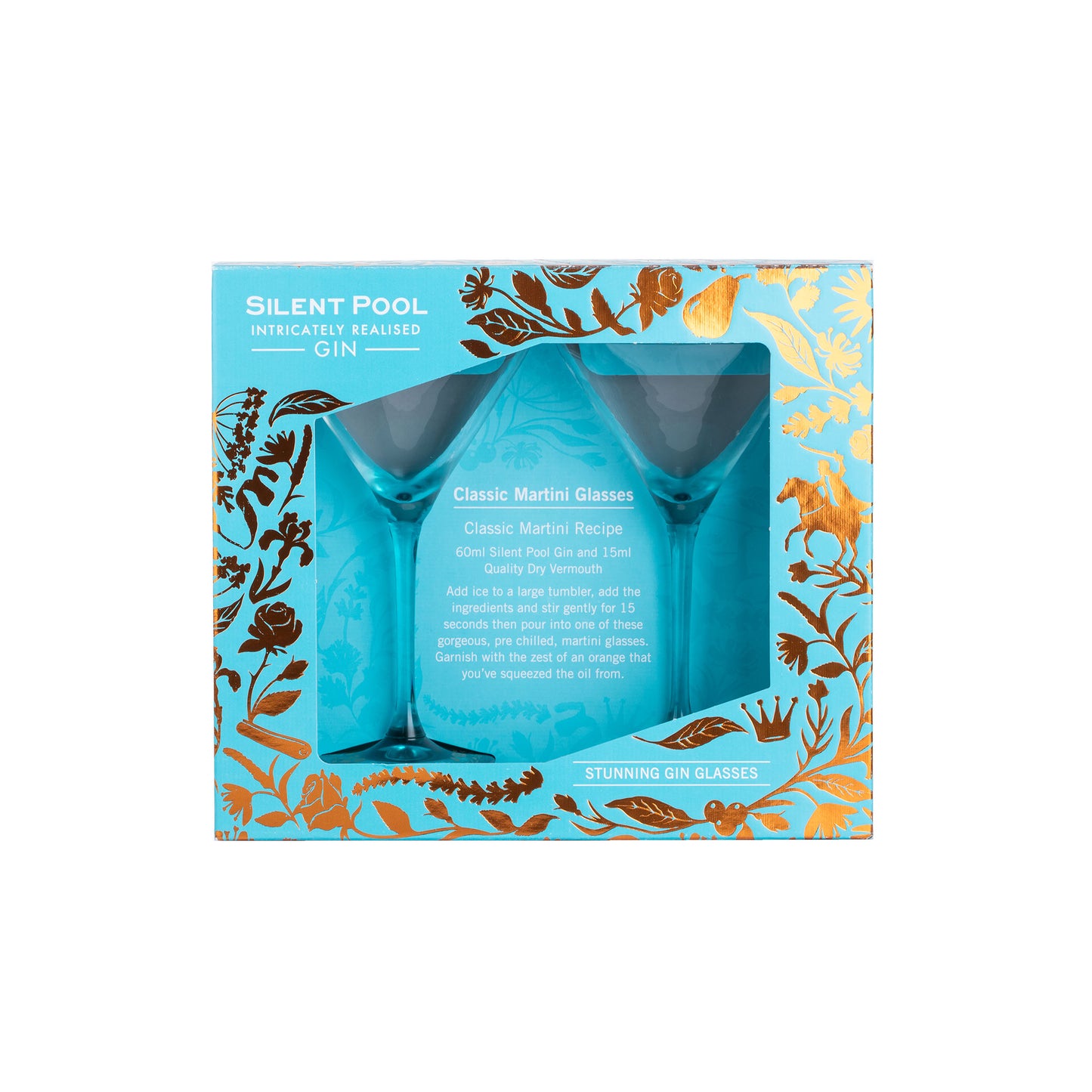 Silent Pool Tenth Anniversary Celebration Edition Gin Summer Offer with complimentary Pear & Patchouli Aroma Garnish and Martini Glass set of 2